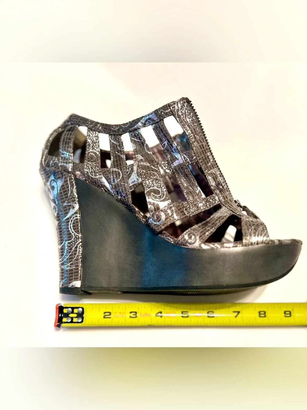 Nadara Metallic Gunmetal Cutout Wedge Sandals